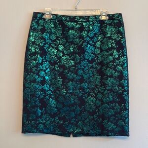J Crew jacquard skirt metallic green navy brocade “The Pencil Skirt” 8